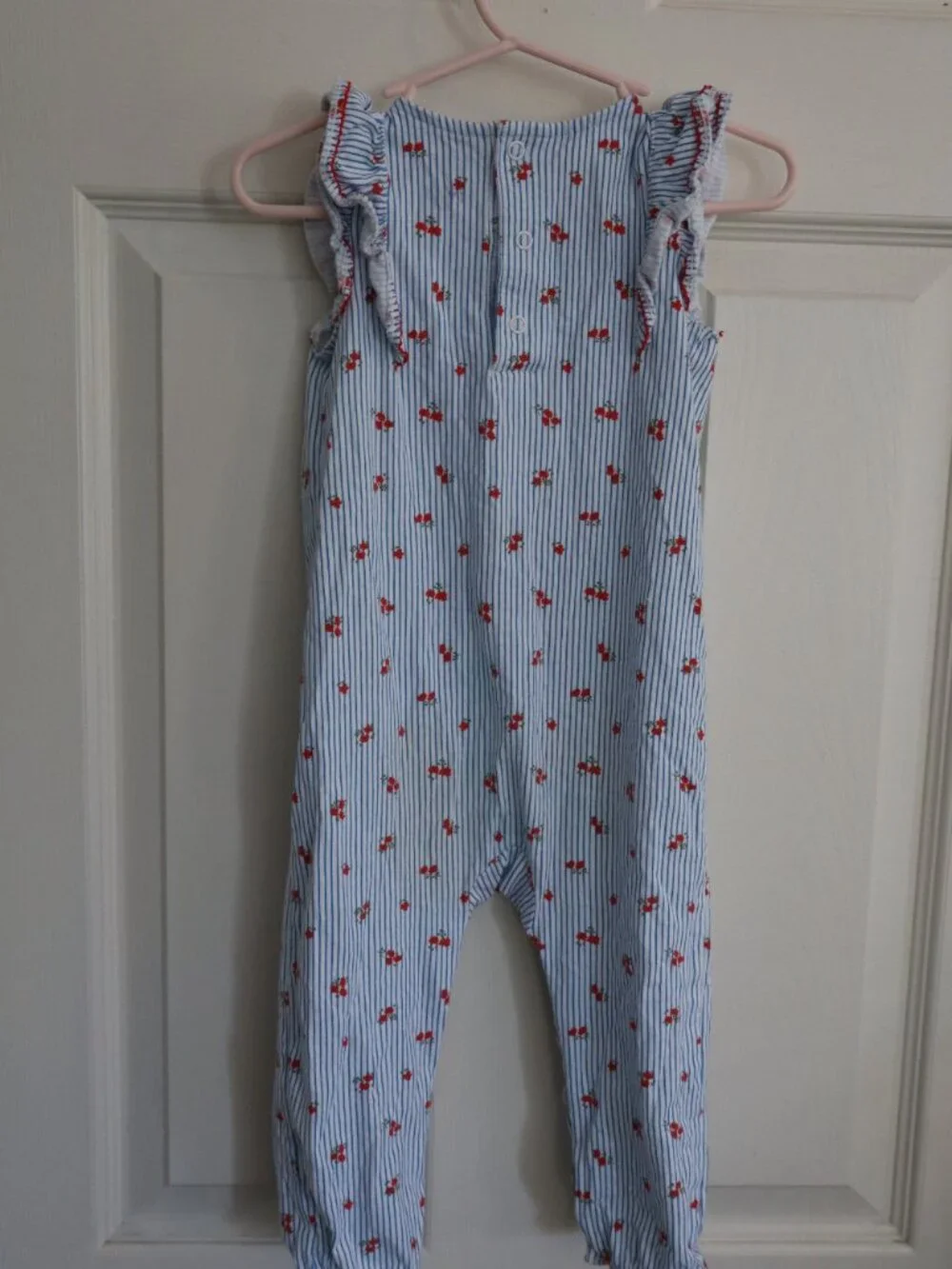 Carter's Jumper/Romper Blue stripes with red florals and ruffle sleeves Sz 18m